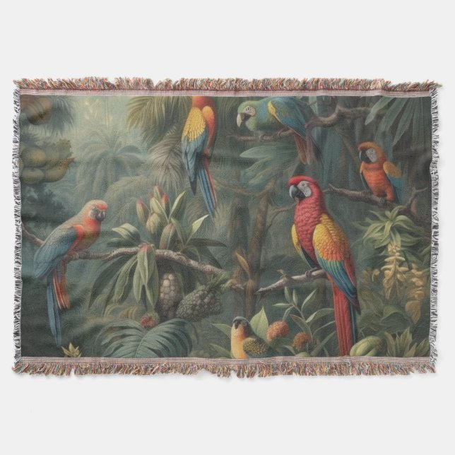 Botanical scene of parrots and pineapples  throw blanket (Front)