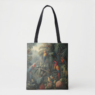 Botanical scene of parrots and pineapples  tote bag