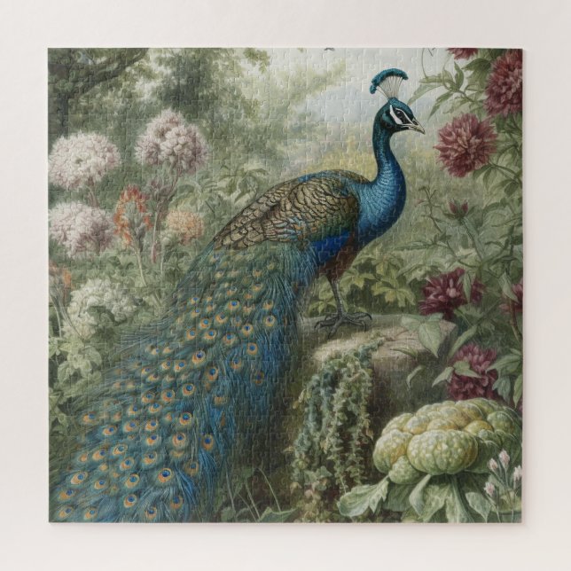 Botanical scene of peacock in an english garden jigsaw puzzle (Vertical)