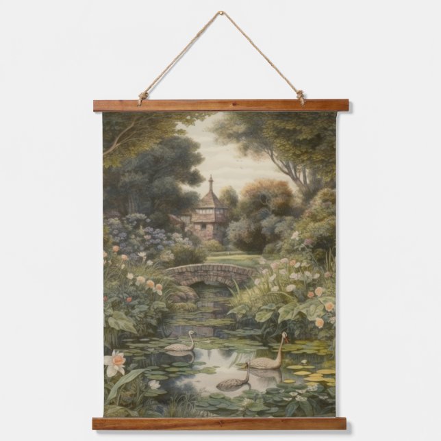 Botanical scene of swans in an English garden Hanging Tapestry (Front)