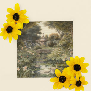 Botanical scene of swans in an English garden Holiday Card