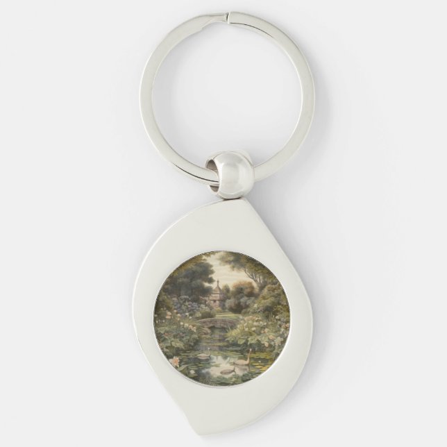 Botanical scene of swans in an English garden Key Ring (Front)