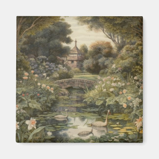 Botanical scene of swans in an English garden Magnet