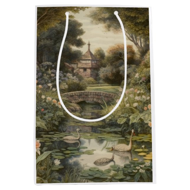 Botanical scene of swans in an English garden Medium Gift Bag (Front)
