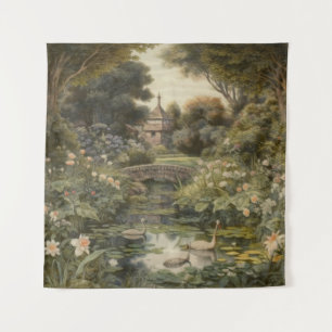 Botanical scene of swans in an English garden Tapestry