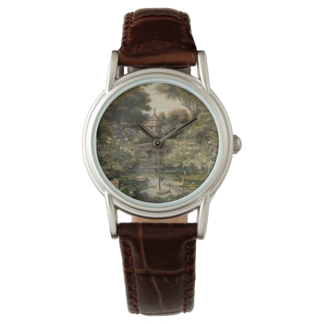 Botanical scene of swans in an English garden Watch (Front)