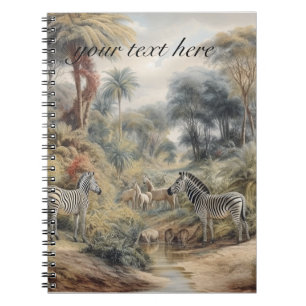 Botanical scene of zebras and lions customisable notebook