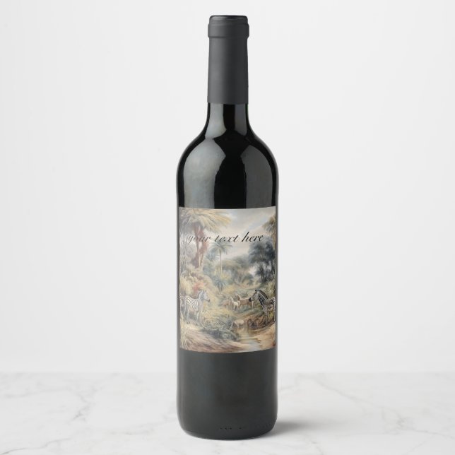 Botanical scene of zebras and lions customisable wine label (Front)