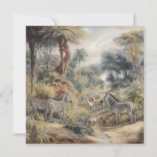 Botanical scene of zebras and lions in an oasis