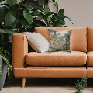 Botanical scene of zebras and lions in an oasis cushion