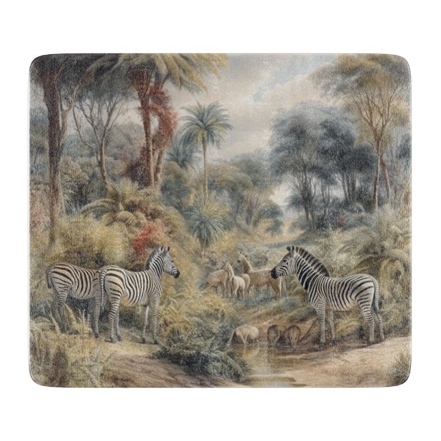 Botanical scene of zebras and lions in an oasis cutting board (Front)