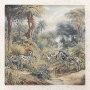 Botanical scene of zebras and lions in an oasis glass coaster