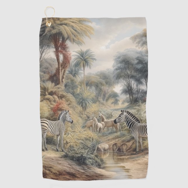 Botanical scene of zebras and lions in an oasis golf towel (Front)