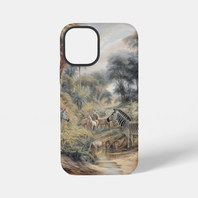 Botanical scene of zebras and lions in an oasis iPhone case (Back)