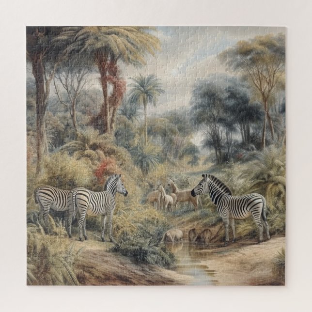 Botanical scene of zebras and lions in an oasis jigsaw puzzle (Vertical)