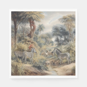 Botanical scene of zebras and lions in an oasis napkin