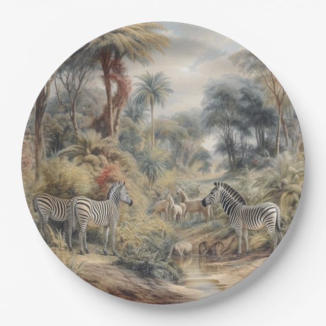 Botanical scene of zebras and lions in an oasis paper plate (Front)