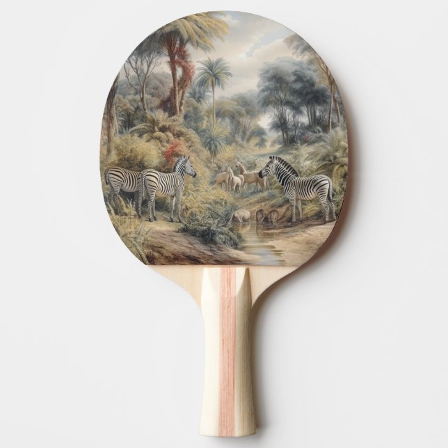Botanical scene of zebras and lions in an oasis ping pong paddle (Front)