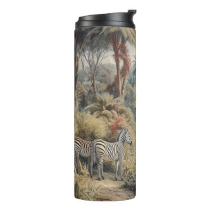 Botanical scene of zebras and lions in an oasis thermal tumbler
