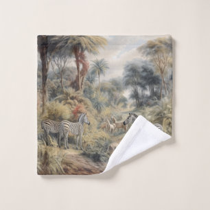Botanical scene of zebras in an oasis bath towel set