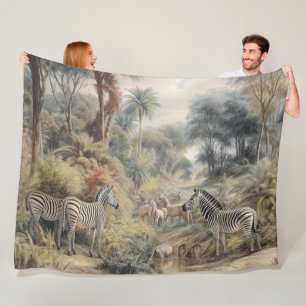Botanical scene of zebras in an oasis fleece blanket