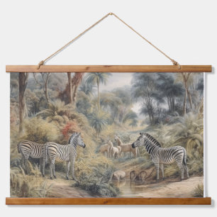 Botanical scene of zebras in an oasis hanging tapestry