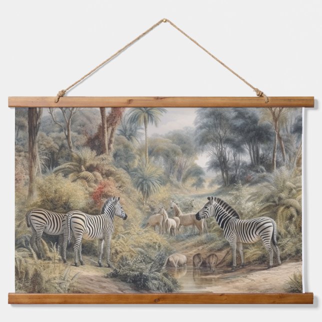 Botanical scene of zebras in an oasis hanging tapestry (Front)