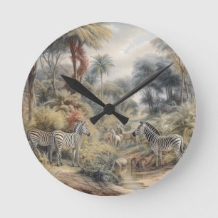 Botanical scene of zebras in an oasis round clock
