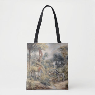 Botanical scene of zebras in an oasis tote bag