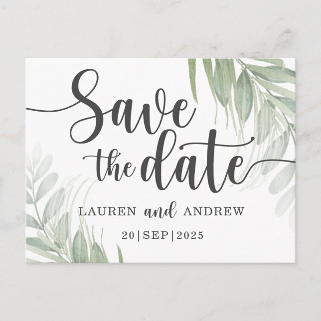 Botanical & Script Green Save the Date Postcard (Front)