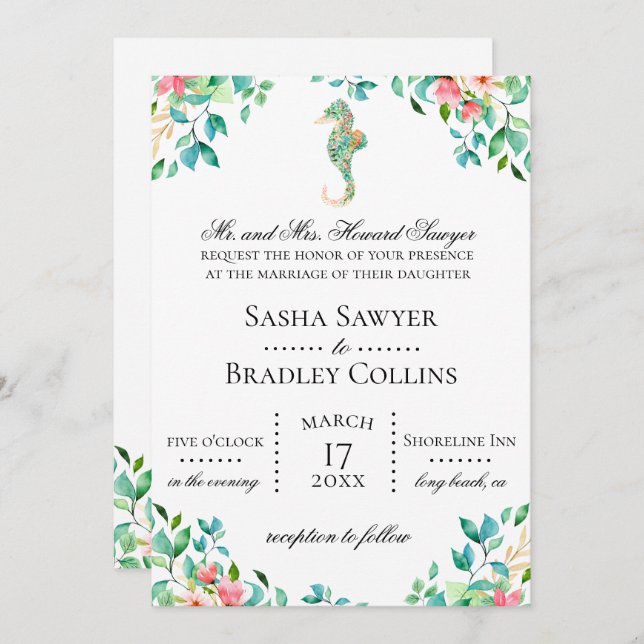 Botanical Seahorse Wedding Invitation (Front/Back)
