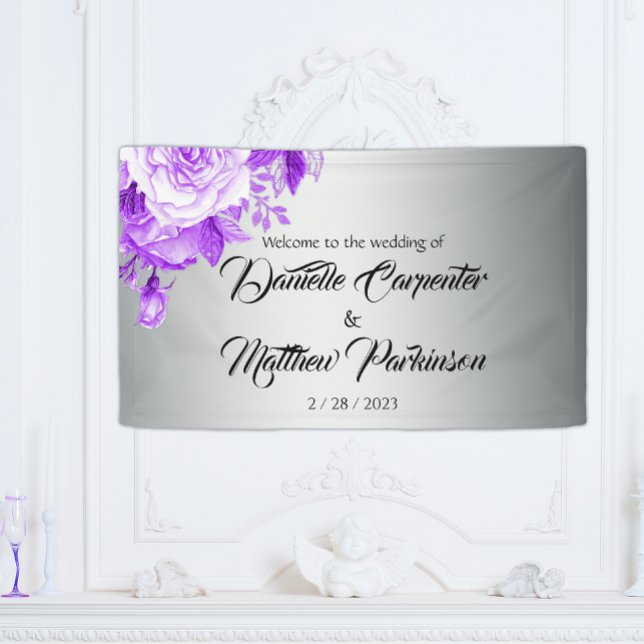 Botanical Silver and Purple Roses Wedding Welcome Banner (Creator Uploaded)