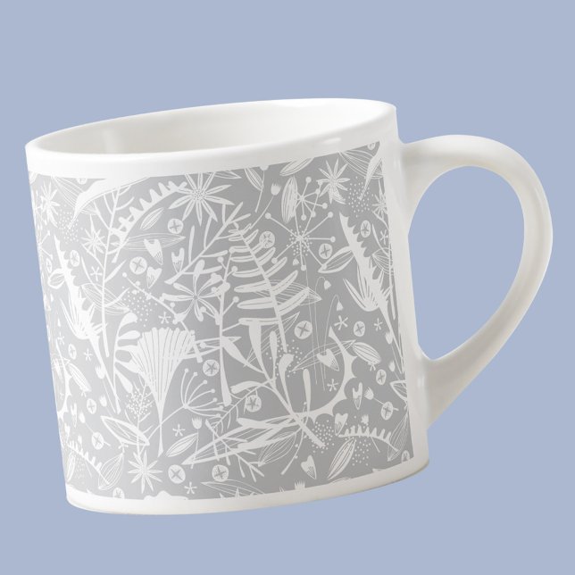 Botanical Silver Grey Floral Espresso Cup (Botanical leaf and flower pattern modern espresso cup)