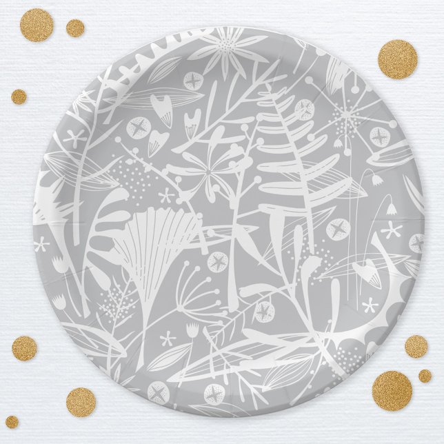 Botanical Silver Grey Floral Paper Plates (Silver gray botanical pattern elegant paper party plates)