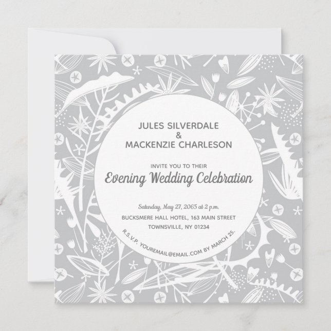 Botanical Silver Grey Pattern Evening Wedding Invitation (Front)