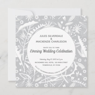 Botanical Silver Grey Pattern Evening Wedding Invitation