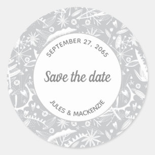 Botanical Silver Grey Pattern Save the Date Classic Round Sticker