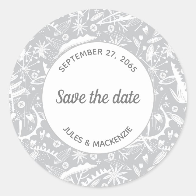 Botanical Silver Grey Pattern Save the Date Classic Round Sticker (Front)