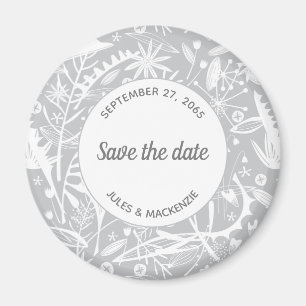 Botanical Silver Grey Pattern Save the Date Magnet
