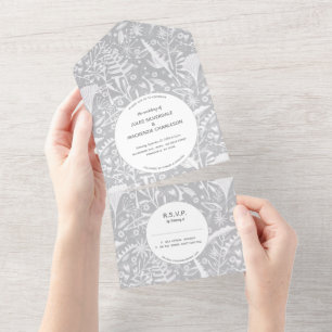 Botanical Silver Grey Pattern Wedding All In One Invitation