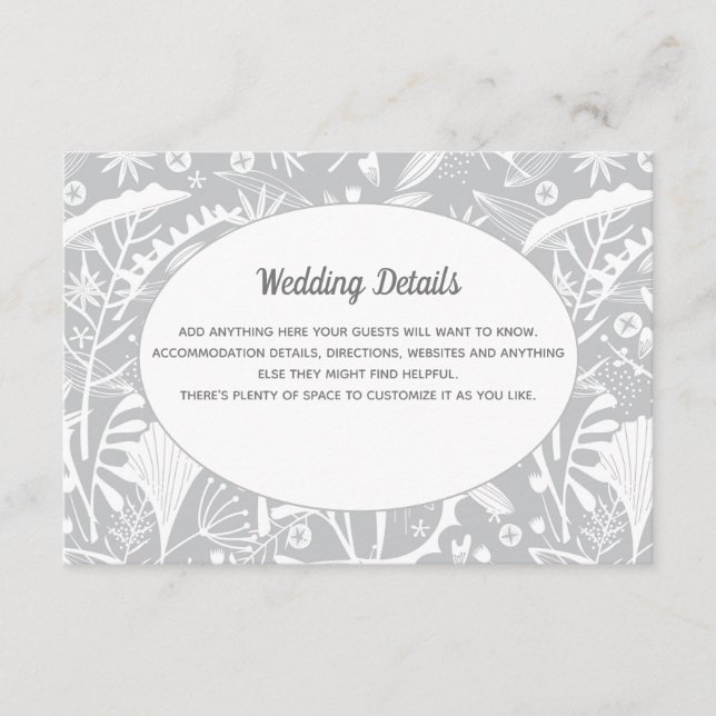 Botanical Silver Grey Pattern Wedding Details Enclosure Card (Front)