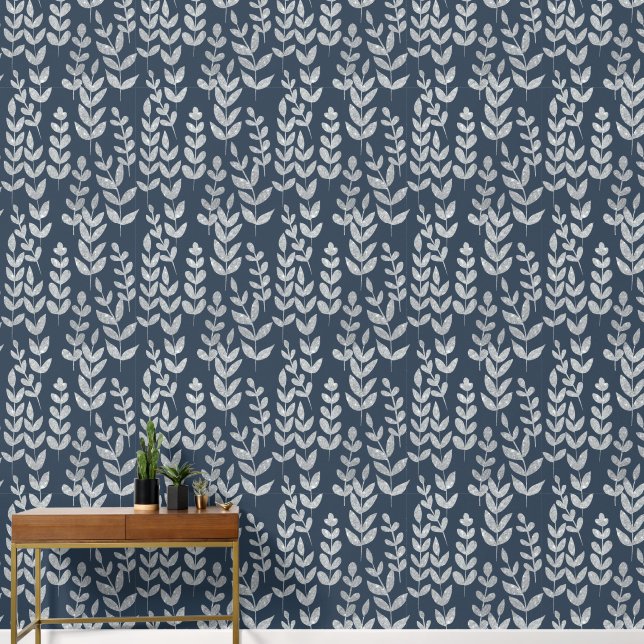 Botanical Silver Leaves Vines Navy Blue Wall (Hallway)