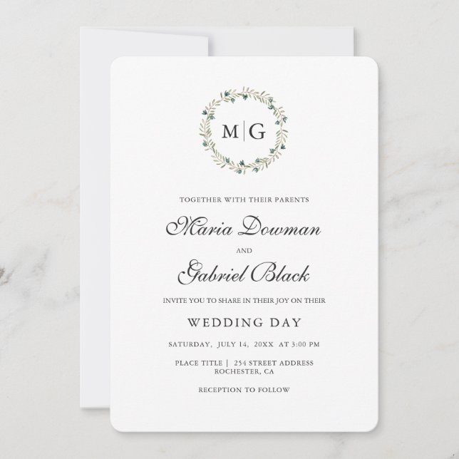 Botanical simple wreath. Monogram. Elegant wedding Invitation (Front)