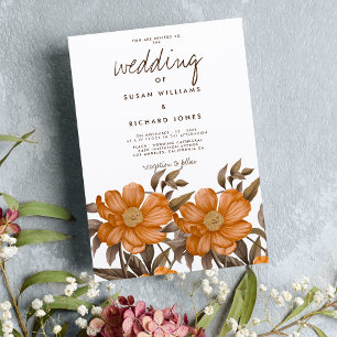Botanical soft brown orange summer floral wedding invitation