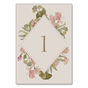 Botanical Soft Warm Taupe Wedding   Floral & Fern Table Number