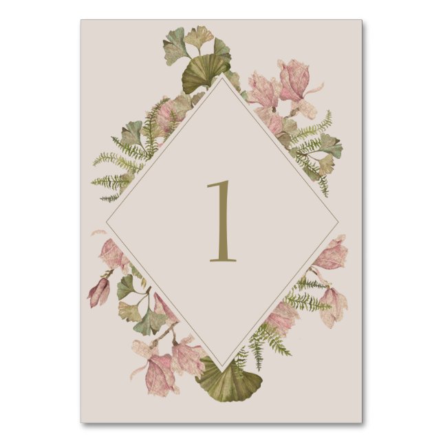 Botanical Soft Warm Taupe Wedding | Floral & Fern Table Number (Front)