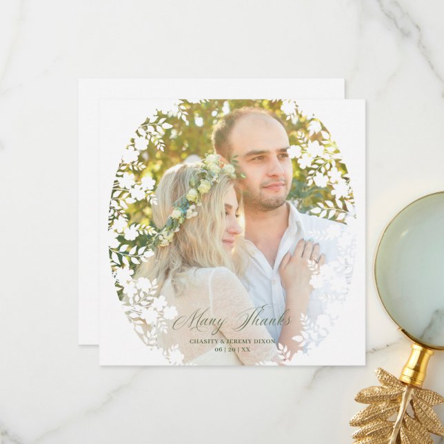 Botanical Sophisticated Frame Photo Wedding Thank You Card (Front/Back In Situ)