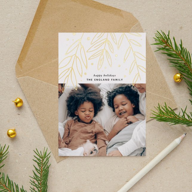Botanical Sprigs Photo Gold (Hand-drawn meets gold foil with these beautiful foliage springs that frame your holiday photo card.)