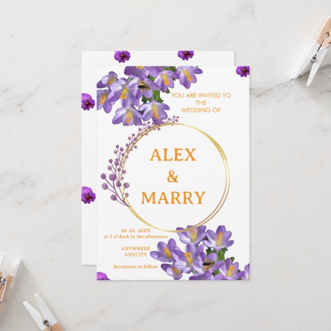 Botanical Spring Crocus Gold Wedding Invite (Front/Back In Situ)
