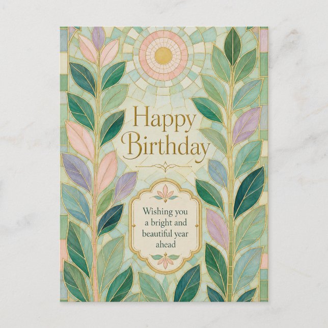 Botanical Stained Glass Birthday Glow Postcard (Front)